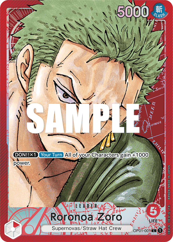 Roronoa Zoro alternate art leader card from OP-01 Romance Dawn