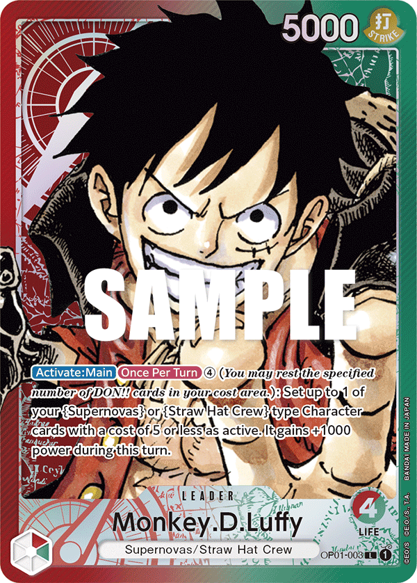 Monkey D Luffy alternate art leader card from OP-01 Romance Dawn