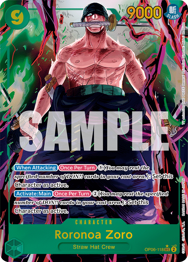 Roronoa Zoro alternate art secret rare card from OP-06 Wings of the Captain
