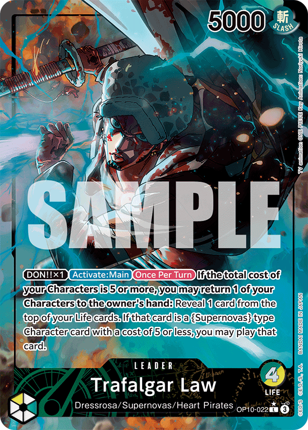 Trafalgar Law alternate art leader card from OP-10 Royal Blood