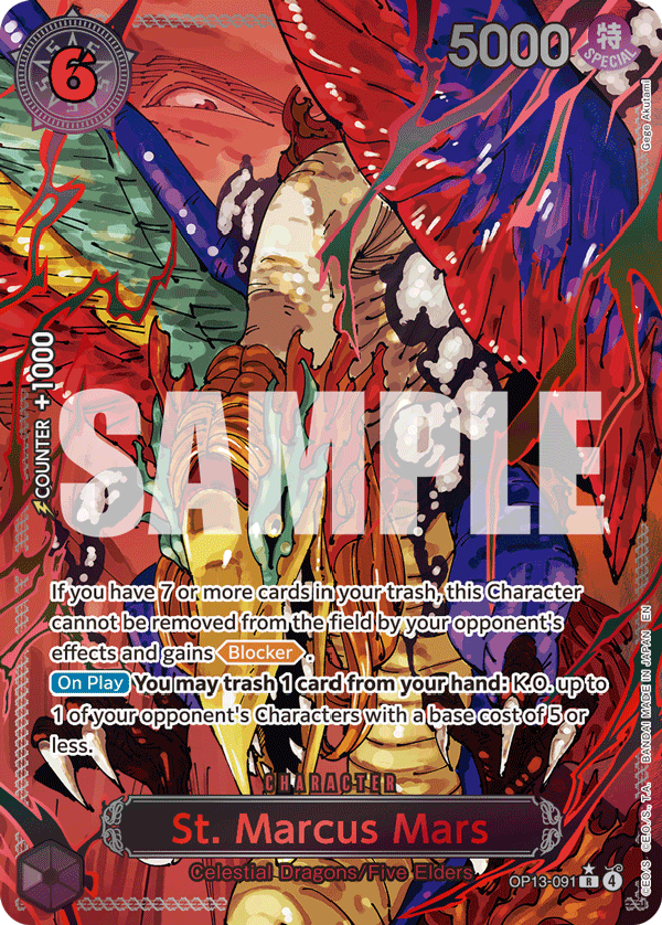 St. Marcus Mars God Pack alternate art card from OP-13 Carrying on His Will