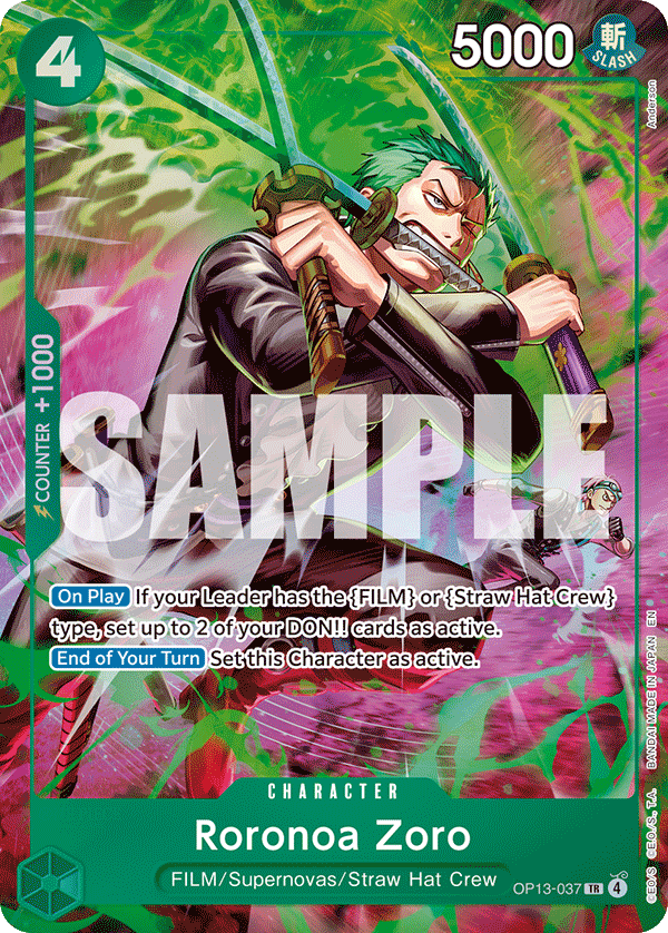Roronoa Zoro treasure rare card from OP-15 Adventure on Kami's Island